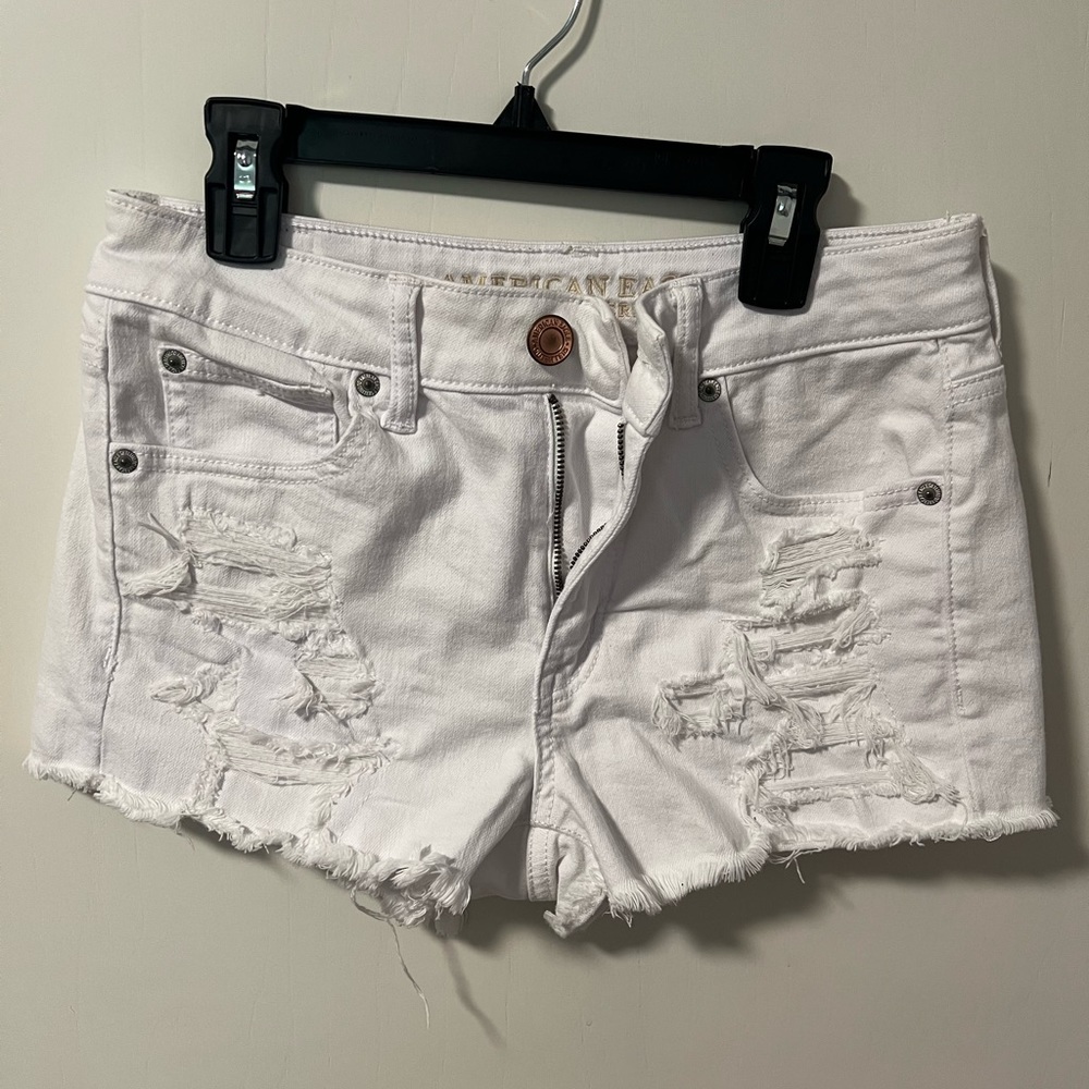 American Eagle Outfitters, white denim, Super Stretch X distressed shorts